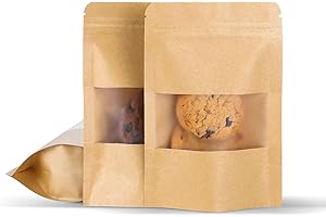 MOTOMY 50 Pcs 4x6 Inch Kraft Paper Bags with Transparent Window, Stand Up Pouches,Smell Proof Bags,Resealable Bags for Small Business, Zipper Food Storage,for Packaging Snacks Cookies Candy