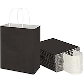 Toovip 50 Pack 8x4.75x10 Inch Medium Black Kraft Paper Bags with Handles Bulk, Gift Wrap Bags for Favor Grocery Retail Party Birthday Shopping Business Goody Craft Merchandise Take Out Recycable Sacks