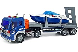 VIIGER Large Flatbed Truck Toy with Trailer Speedboat Semi Tow Truck Flatbed Transport Boat Toy Vehicle 2 in 1 Playset, Light Sound, Toy Trucks for Boys 3 4 5 6 7 Years Old Kids Toddlers Birthday Gifts, blue
