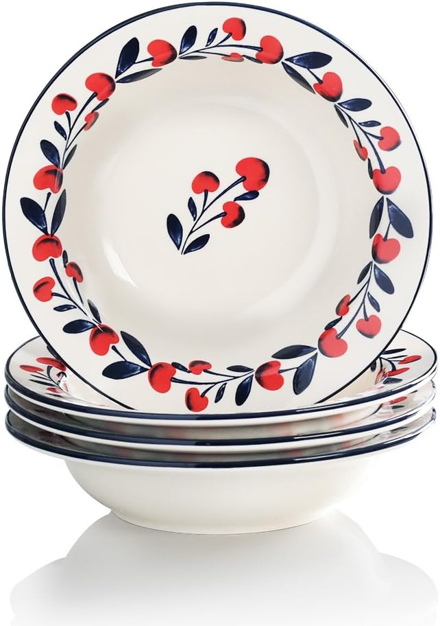 Sweejar Home Cherries Series Soup Pasta Plates and Bowls Set of 4 Stoneware 9 Inches (23 cm