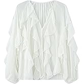 HangNiFang Ruffled Multi-Layered Summer Blouse for Women Trendy Semi See Through V-Neck Long Sleeve Button Chiffon Shirt Tops