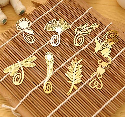 TKmell Pack of 8 New Novelty Cute Cartoon Art Feather Butterfly Dragonfly Gingkgo Monkey Pred Perry Sunflower Olive Branch Metal Gold Bookmarks Book Mark Reading