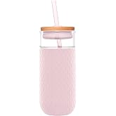 Ello Devon 18oz Glass Tumbler with Straw &amp; Bamboo Lid for Iced Coffee, Pink | Glass Smoothie Cup With Friction-Fit Lid. BPA-Free, Great For Iced Coffee, Tea, And Cold Drinks.
