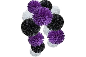 MOWO Paper Flower Tissue Pom Poms Graduation and Galaxy Party Favor Supplies (Black,Purple,White,12pc)