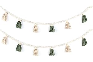 BLUEMAKE 2 Pack Tassel Garland with Wood Beads Belly Basket Decorative Wall Hangings for Classroom Decor,Boho Home Decor,Nursey Room(Green)
