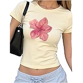 RoseSeek Floral Graphic Crop Tops for Girls Short Sleeve Slim fit Preppy Summer T Shirt Y2k Tops Trendy
