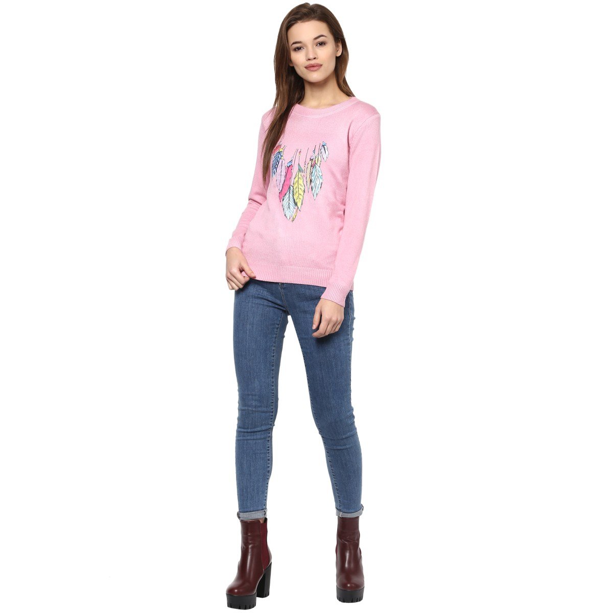 camey women's fashion stretchy round neck pink long sleeve pullovers sweaters top