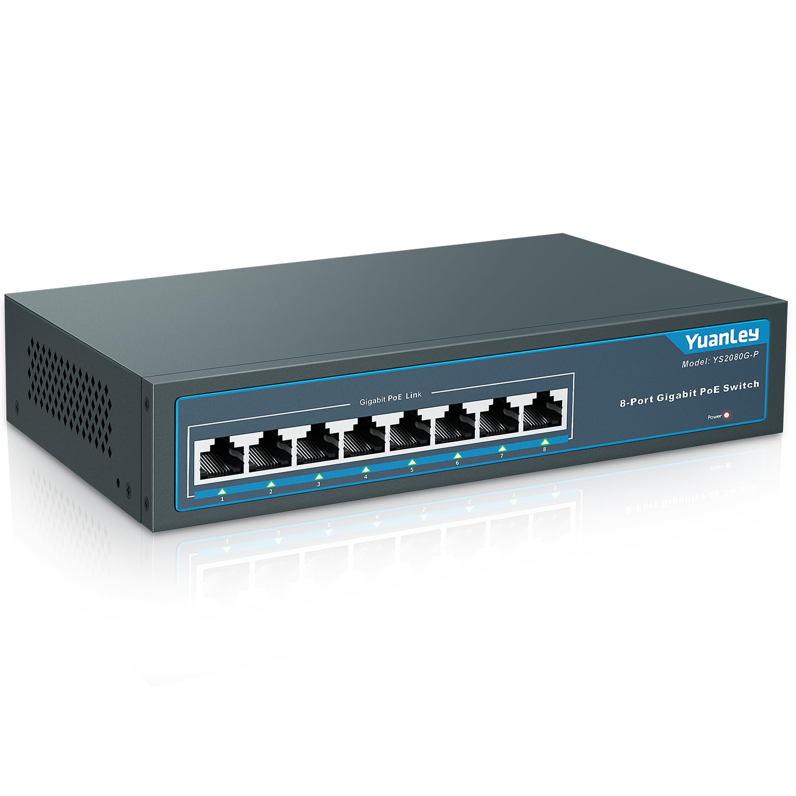 YuanLey 8 Port Gigabit PoE Switch, 8 PoE+ Port 1000Mbps, 120W 802.3af/at, Metal Fanless Unmanaged Plug and Play