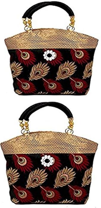 Womens Traditional And Ethnic Mini Brocade peacock theme Handbag - Pack of 2 -BLACK- At Unbeatable Price