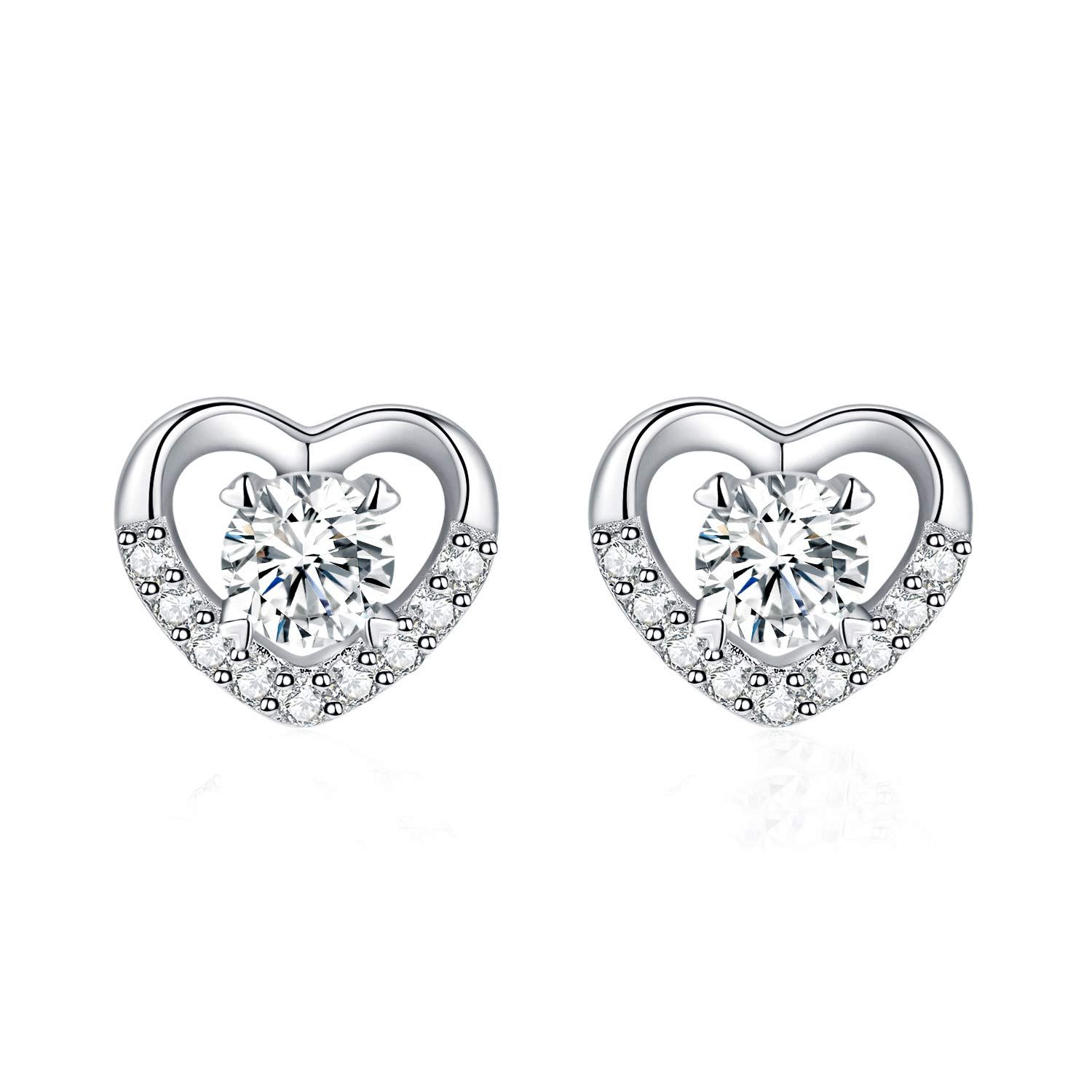 Gulicx Elegant 925 Sterling Silver Stud Earrings for Women Girls, Love Heart Shaped Stud Earrings with 3A Cubic Zirconia, Allergy Free Jewellery Gift for Mother Wife Girlfriend