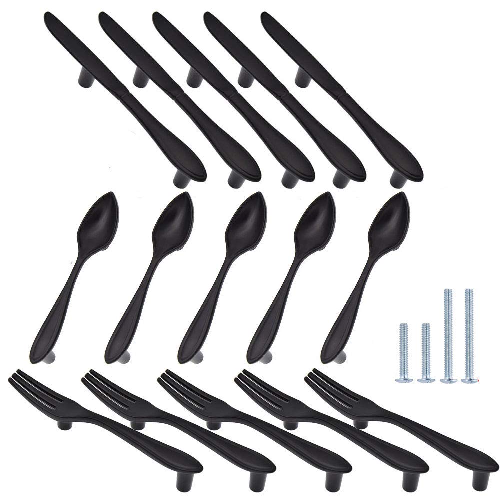 AUGUT 15 Pack Cabinet Pulls Hole Center 3",Coqlycot Door Tableware Handles Spoon Knife Fork Shape for Kitchen Cupboard Dresser Closet Drawer Black