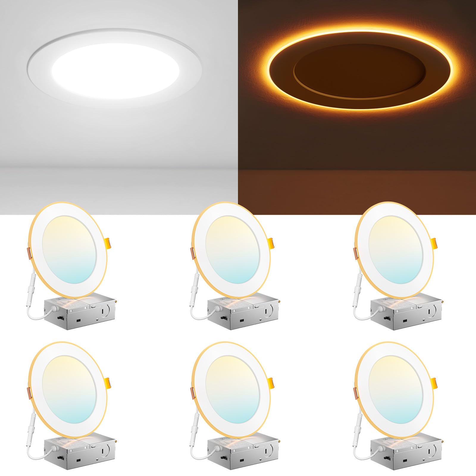 Photo 1 of Amico 6 Pack 6 Inch 5CCT LED Recessed Ceiling Light with Night Light, 2700K/3000K/3500K/4000K/5000K Selectable Ultra-Thin Recessed Lighting, 12W=110W, 1100LM, Dimmable Canless Wafer Downlight ETL&FCC