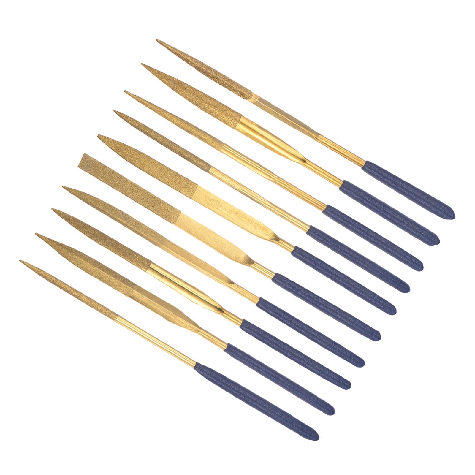 CoCud Diamond Coated Needle File Set, | 4mm Shank 160mm Length|, Titanium Coated Flat Half Round Triangle Round Square Oval Files - (Applications: for Metal Glass Stone), 10-Pieces
