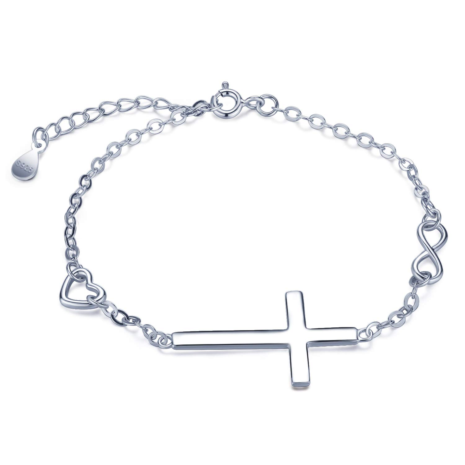 Classic Cross Infinity Symbol Women's Bracelet, 925 Sterling Silver Bangle, Adjustable Heart Bracelet, Silver, Christmas Birthday Gifts