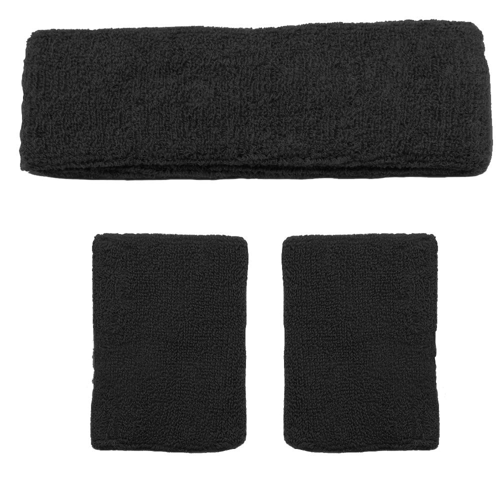 Accessotech Sports Sweat Band Wristband Headband Set Squash Tennis Badminton Gym Yoga Class (Black)