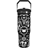 Goth Tumbler with Straw and Lid Gift for Boys Girls Gothic Water Bottle Halloween Travel Kettle Cup for Car Cold and Hot Stainless Steel Double Wall Insulated Mug (cat rose, 30oz)