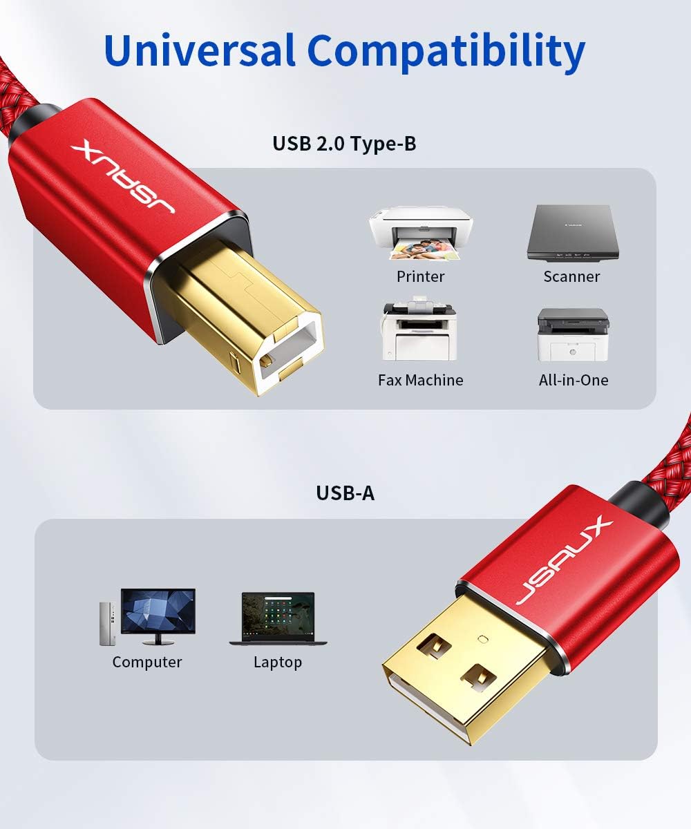 Printer Cable, JSAUX 6.6ft USB 2.0 Type A Male to B Male Printer Scanner Cord High Speed Compatible with HP, Canon, Dell, Epson, Lexmark, Xerox, Samsung and More (Red): Industrial & Scientific