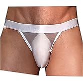 Kinizpl Men's Jockstrap Sexy Thong Bikini Briefs See Through Jockstrap Low Rise Bulge Pouch Thong Underwear Shiny Oil Glossy G-String Underpants White