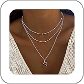 YienDoo Boho Layered Star Necklace Choker - Silver Pendant, Beads Satellite Chain, Vintage Hollow Multilayer Statement Jewelry for Women