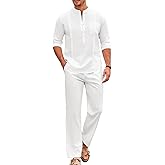 COOFANDY Men's 2 Piece Cotton Sets Casual Long Sleeve Cuban Henley Shirt and Loose Pants Set Beach Vacation Outfits
