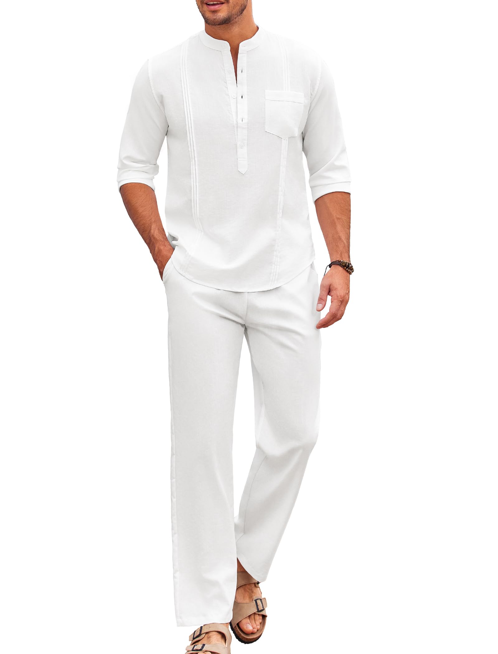Photo 1 of COOFANDY Men's White Linen Pants and Shirt Set Casual Beach Yoga Outfits 2 Piece Cotton Linen Henley Shirts Loose Pants Sets