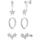 CERSLIMO Silver Stud Earrings Set for Women, 3 Pairs White Gold Plated Cartilage Earrings Sets for Multiple Piercings, Hypoallergenic Huggie Hoop Jacket Studs Cubic Zirconia Jewelry Gifts