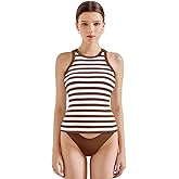 SUUKSESS Women Padded Cotton Ribbed Tank Tops Sleeveless Basic High Neck Racerback Tops(Brown White Stripe, XL)