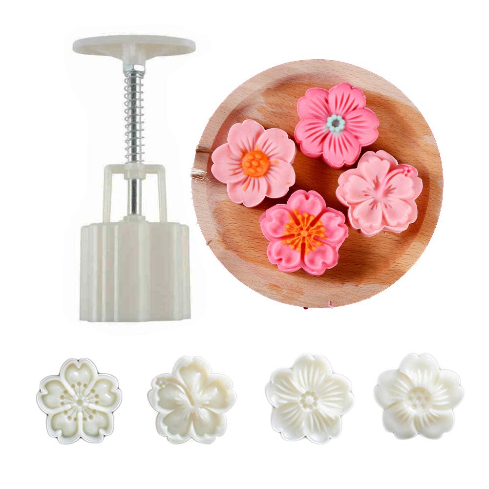 Ylskmu Mooncake Mould Set of 4 50 g Cookie Stamp, Cherry Blossom Flowers, Mid-Autumn Festival, DIY Hand Press Cookie Cutter, Dessert Cutter, Decoration, Flower Prints Tool, Mooncake Maker