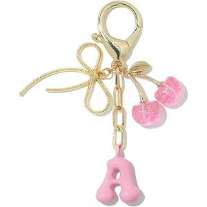 Deinduser Black Cherry/Pink Bubble Initial Keychain, Cherry Bag Charm | Back to School Gifts, Color Matched Bubble Letter Cha