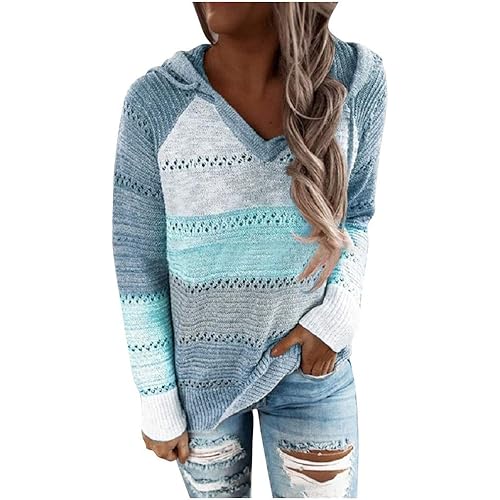 Fudule Women's Pullover Sweaters,Lightweight V Neck Pullover Color Block Hoodie Striped Hollow Out Sweater Knit Blouse