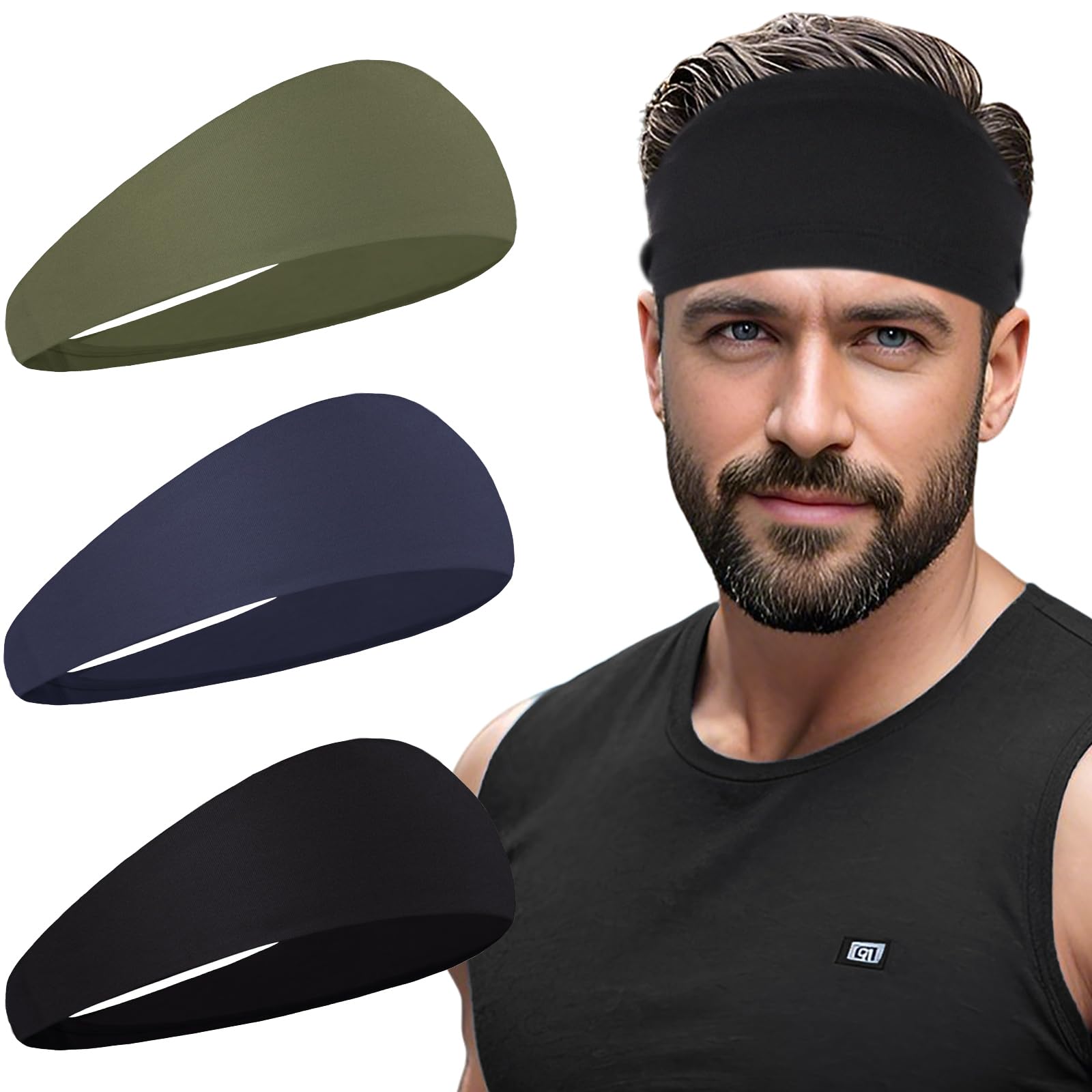 Photo 1 of 3 Packs Sweatband Sports Headbands for Men Elastic Hair Bands Fashion Headscarf Bandage Yoga Moisture Wicking Workout Running Fitness Hairbands (Black, Army Green, Dark Blue)