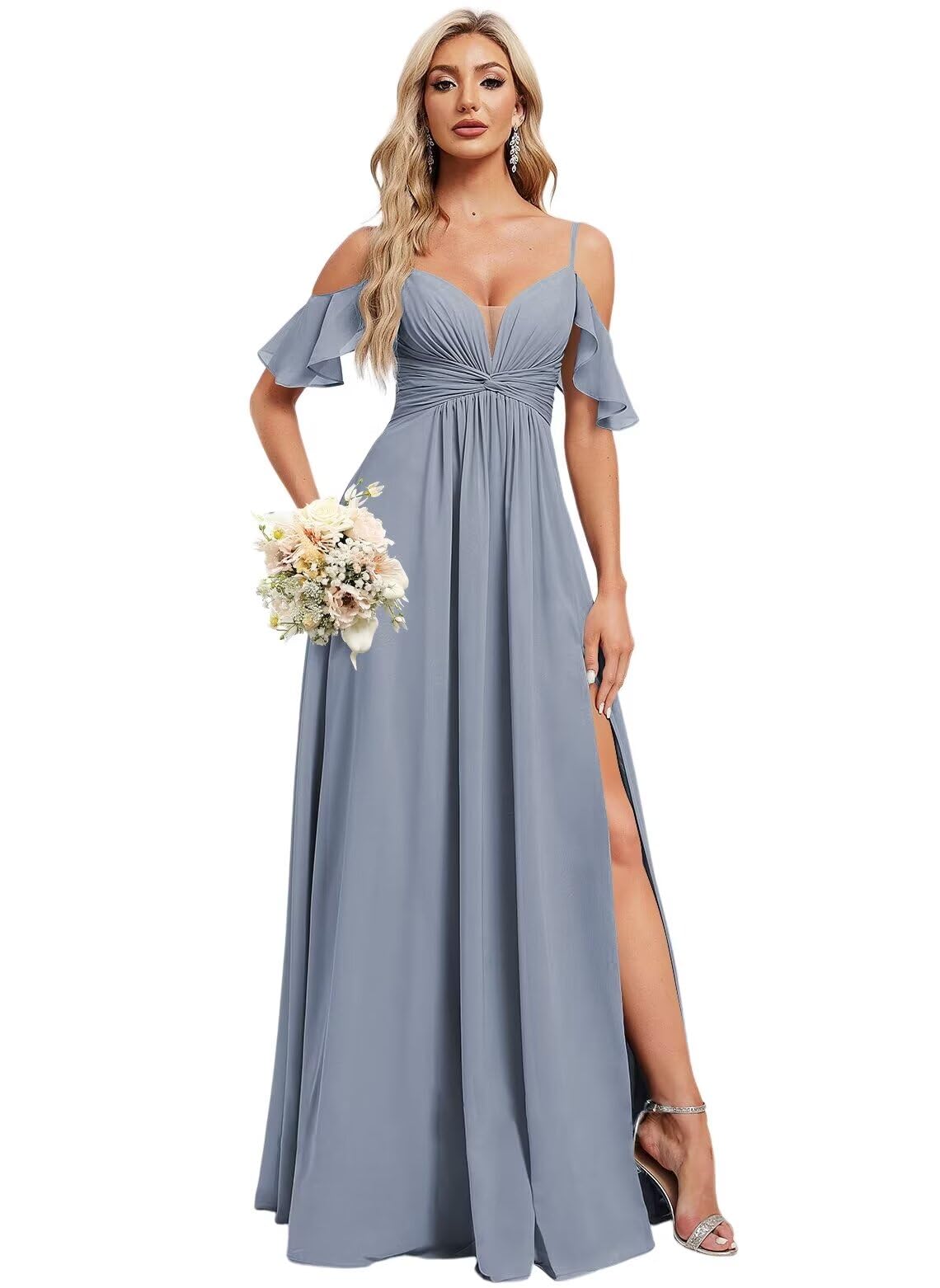 Photo 1 of Cold Shoulder Chiffon Bridesmaid Dresses Dusty Blue for Women 2024 with Pockets Elegant A-Line V Neck Formal Party Dresses Long for Wedding with Slit, 4