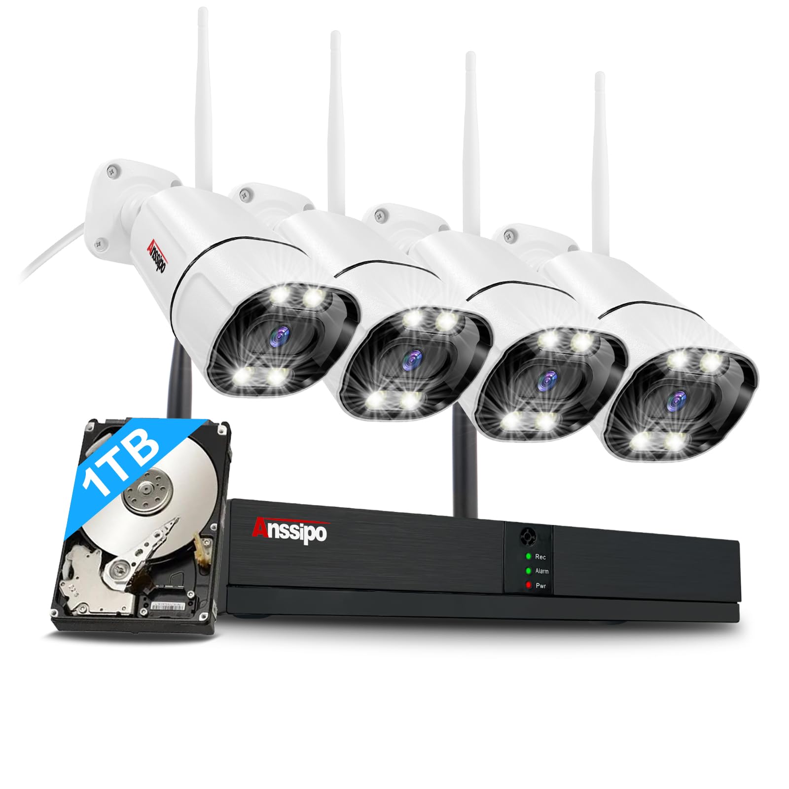 Photo 1 of 4K Home Security Camera System, 4pcs Plug-in WiFi Security Cameras for Indoor Outdoor 24/7 Recording, Dual Warning 8 Channel NVR 1TB Hard Drive, 2 Way Audio, AI Detection, Spotlights Night Vision