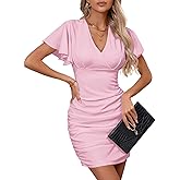 YIQ8 Women's Sexy V Neck Ruffle Sleeve Bodycon Mini Cocktail Party Dress Casual Short Sleeve Work Dress