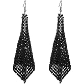 HENGYID Women's Trendy Long Drop Dangle Earrings with Metal Mesh Grid and Sequin Tassels