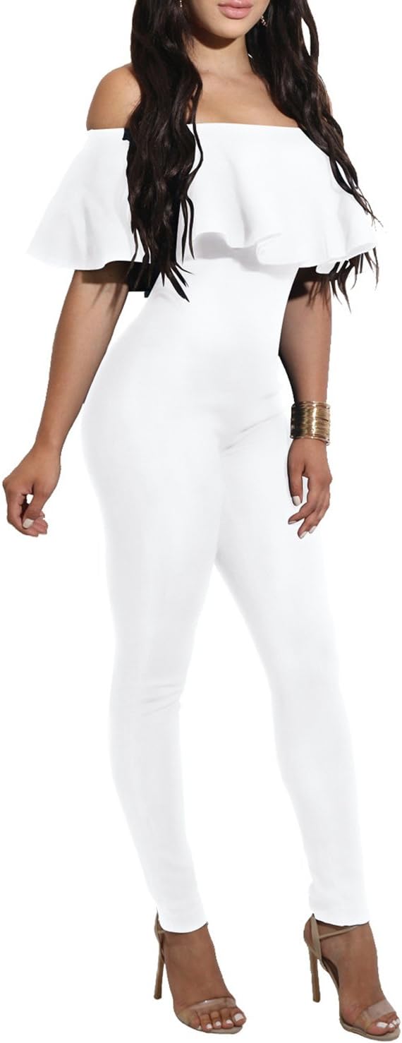 Delcoce Off Shoulder Bodysuits with Ruffles Women Rompers Long Pants Jumpsuits White M