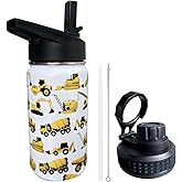 Construction Truck Excavator Bulldozer Kids Water Bottle for School with Straw Lid,12oz Stainless Steel Insulated Water Bottle for Boys & Girls,Leak Proof Lid with Handle & Touch Free Spout (A01)
