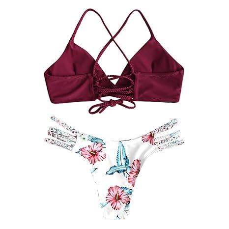 iYmitz Damen Zweiteilig Bikini High Neck Bikini-Set Druck Push up Bikinihose mit Blumendruck Badenanzug Bustier Schwimmanzug