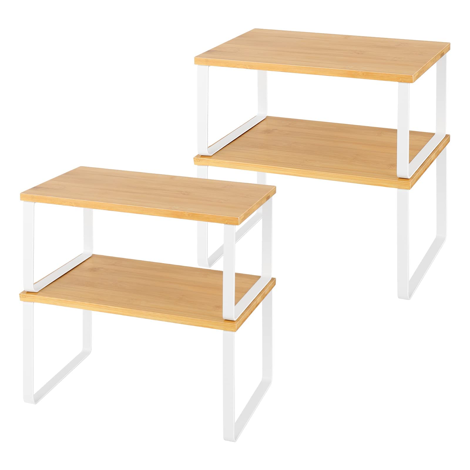 LIANTRAL Kitchen Cupboard Organiser, 4-Pack Cabinet Storage Shelf Organizer Rack, Wood and Metal, Expandable Spice Holder, Stackable Storage Shelves for Cupboard, Countertop,Pantry, Natural and White