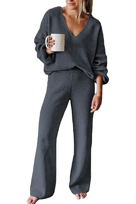 Cakulo Women's 2-Piece Lounge Set - Knit Sweater & Wide Leg Pants Outfit