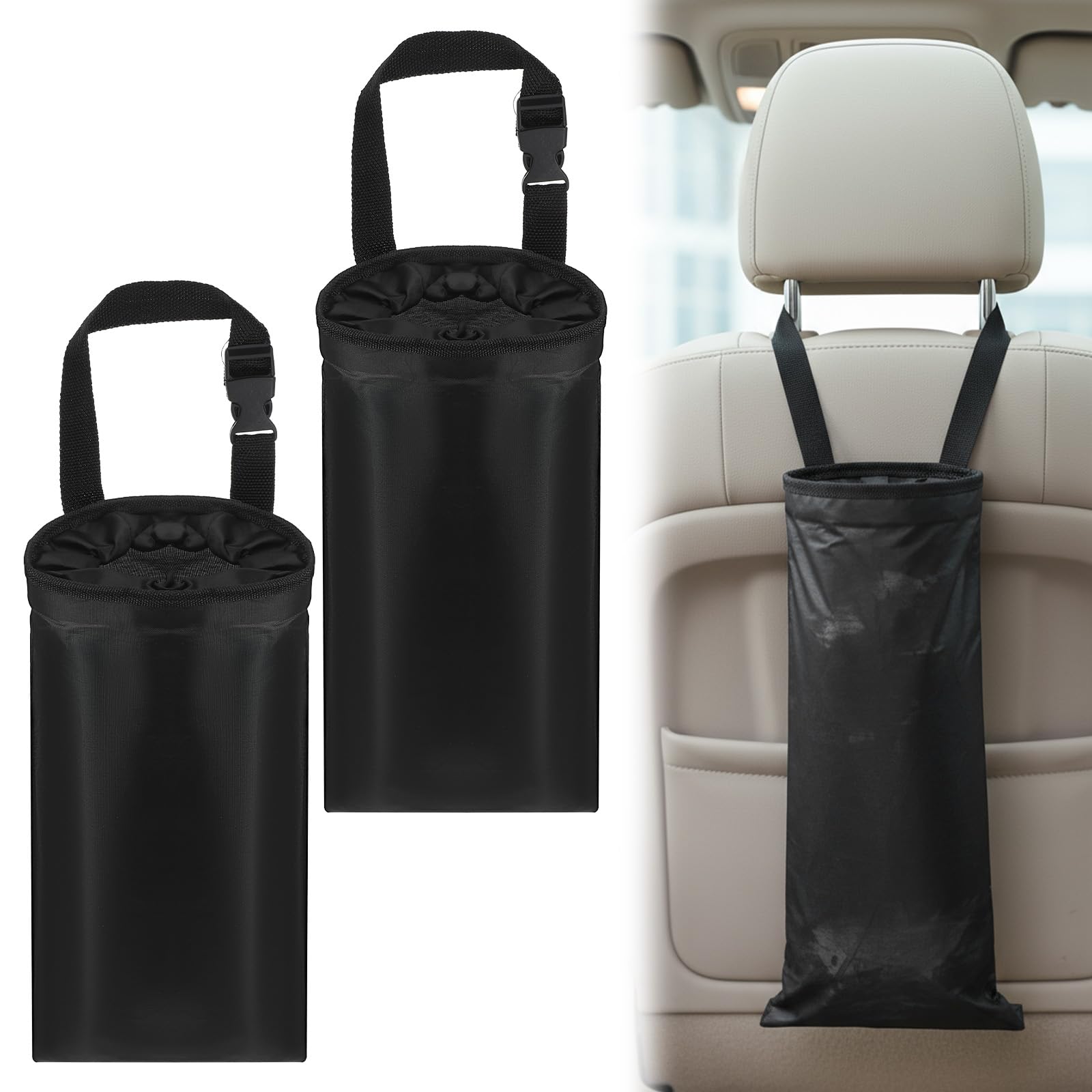 Photo 1 of 2 Pack Car Trash Bag Hanging Washable Back Seat Car Garbage Bag with Top Elastic Vent & Sticky Strap Bottom Opening, Garbage Can with Waterproof Oxford,Detachable Trash Can for Cars,Travelling,Outdoor