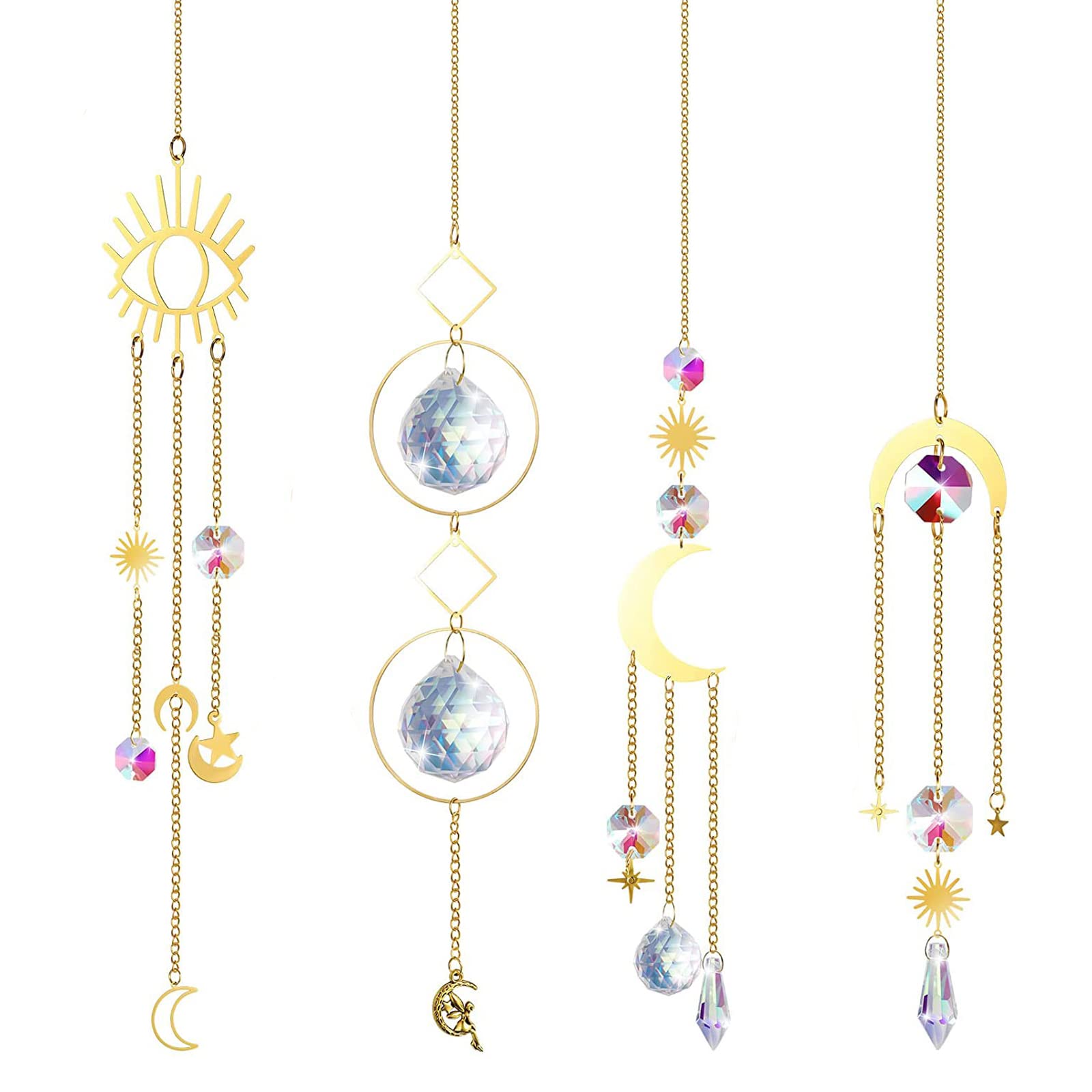 Pack of 4 Suncatcher Crystal Wind Chimes, Sun Catcher for Window, Rainbow Crystals Pendant, Crystal Rainbow Sun Catcher, Hanging Ornaments for Home Garden Office Party Decorations