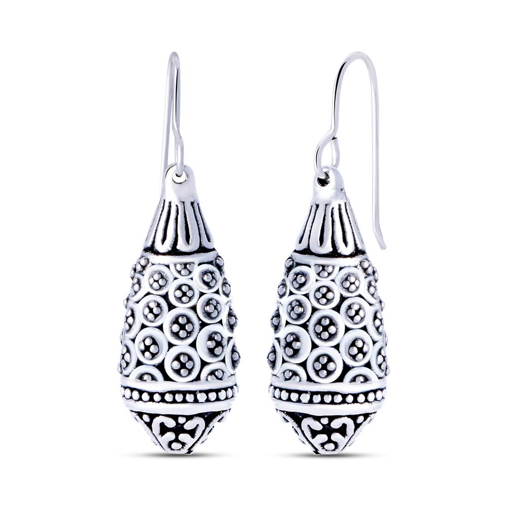 Charmsy 925 Sterling Silver Elegant 925 Sterling Silver Jewellery Antique Bali Inspired Filigree Light-Weight Tear Drop Dangle Earrings for Women | Lightweight Silver Earrings Jewellery Gift for Women