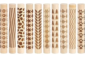 CRAFTYMELODY 10Pcs Wooden Clay Texture Rollers Set 10 Styles Texture Tool for Clay Art Stripe Star Snowflake Flower Potters P