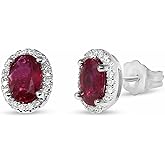 KOKAV 14K White Gold Genuine Ruby 1-1/20 Ct, Diamond Halo Stud Earrings