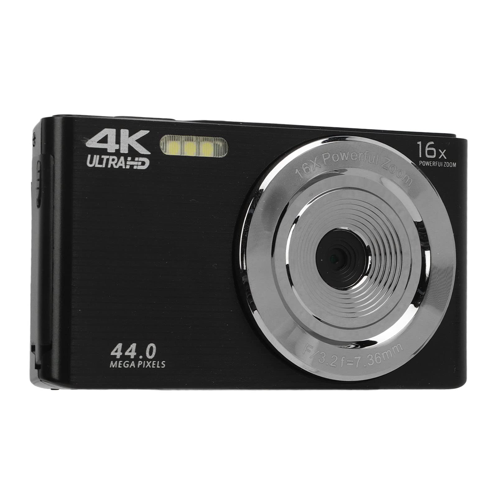 4K Camera, 44MP, 16X Zoom, Anti-Shake, with Built-In Fill Light, Compact Portable HD, for Photography and Video, Black