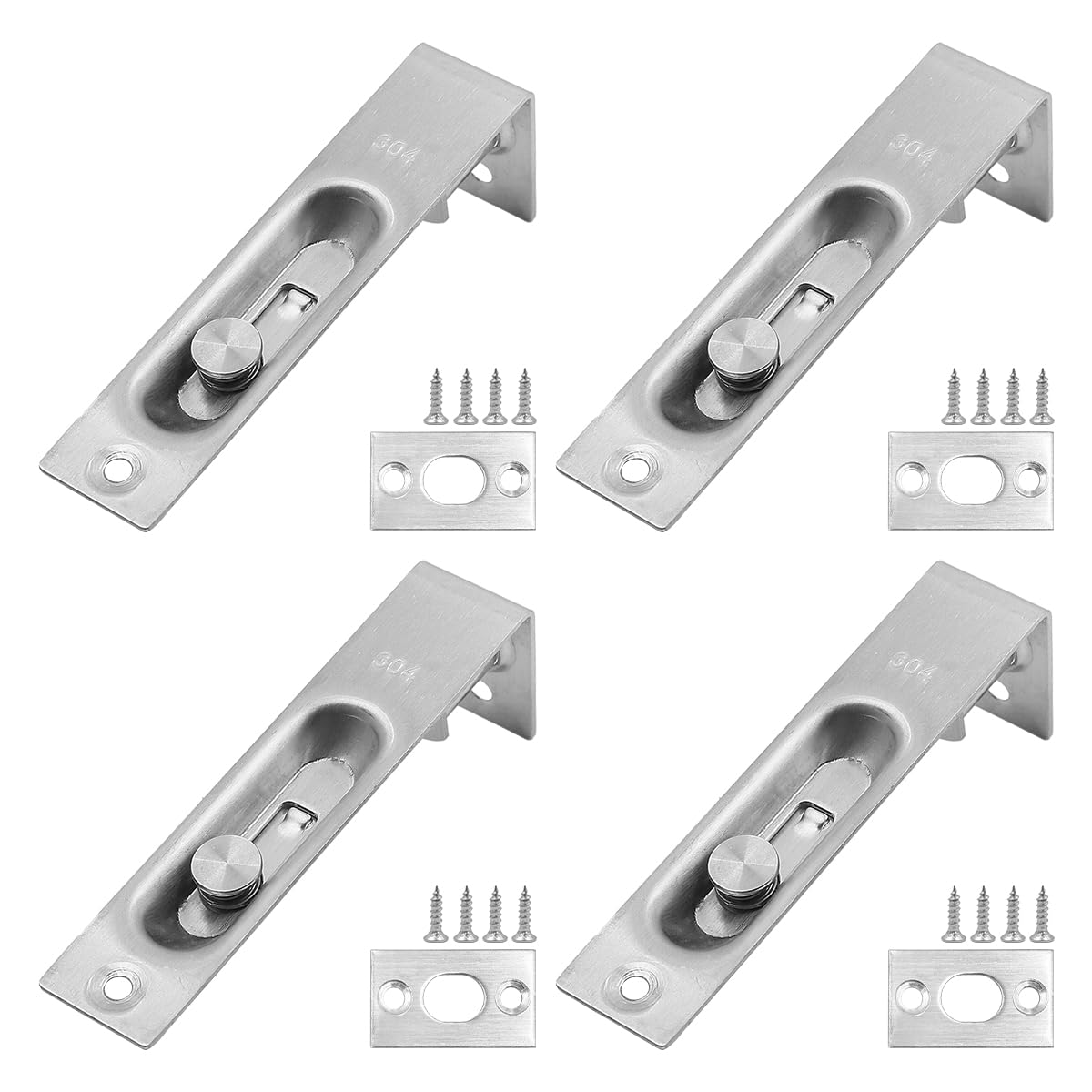 ZONADAH Set of 4 (2 Pairs) Heavy Duty Stainless Steel Door Flush Bolts 4 inch (10cm) - Door Edge Lever Slide Bolt Latch Lock for Primary and Secondary Doors - Double-Open Security Locking Mechanism