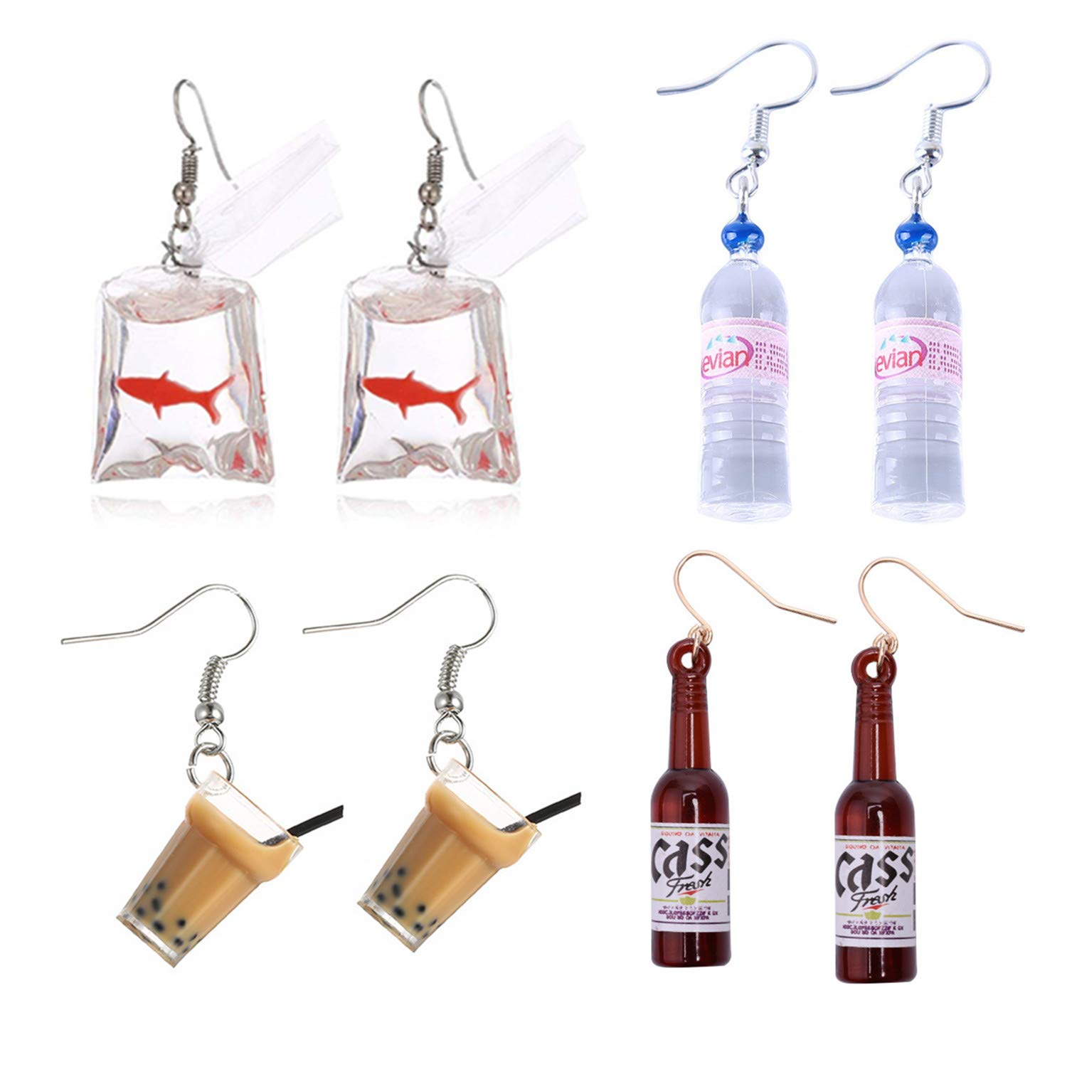 PPX 4 Pairs Funny Acrylic Goldfish and Water Bottle and Cute Pearl Milk Tea Dangle Earrings and Beer Bottle Dangle Earrings, Water Bag Shape Dangle Hook Earrings for Girls Women Bohemian Unique