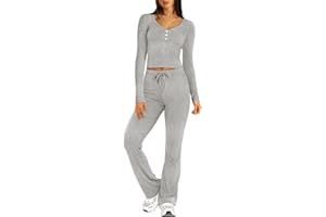 RUBZOOF Womens Lounge Set 2 Piece Loungewear Long Sleeve Cropped Tops Matching Flare Pants Sets Casual Y2k Fall Outfits XS-XL