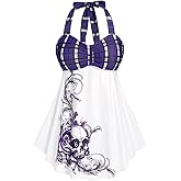 Rosegal Womens Plus Size Curve Halter Plaid Skull Print Backless Gothic Modest Tankini Swimsuit Set
